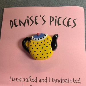 Tea Pot Pin Brooch Dots Yellow Blue Black White Plaster Handmade Hand Painted